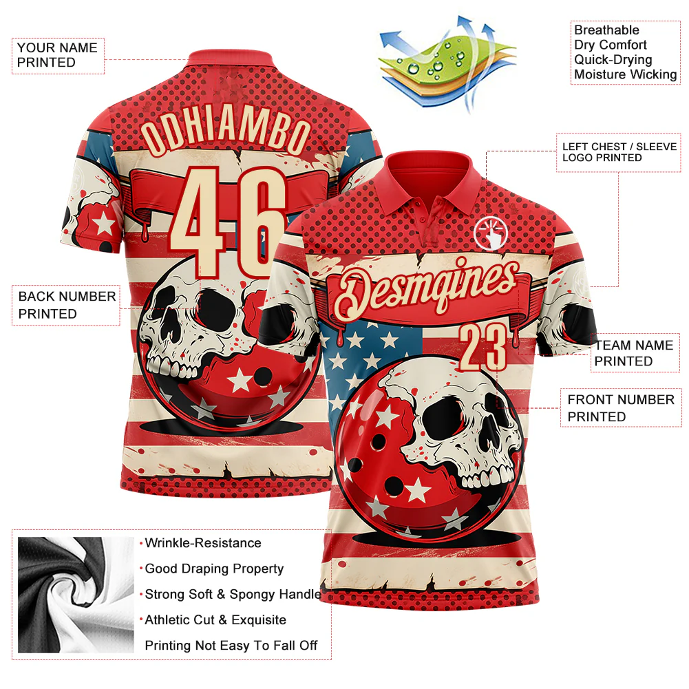 Custom Red Cream 3D Retro American Flag Skull Bowling Performance Polo Shirt