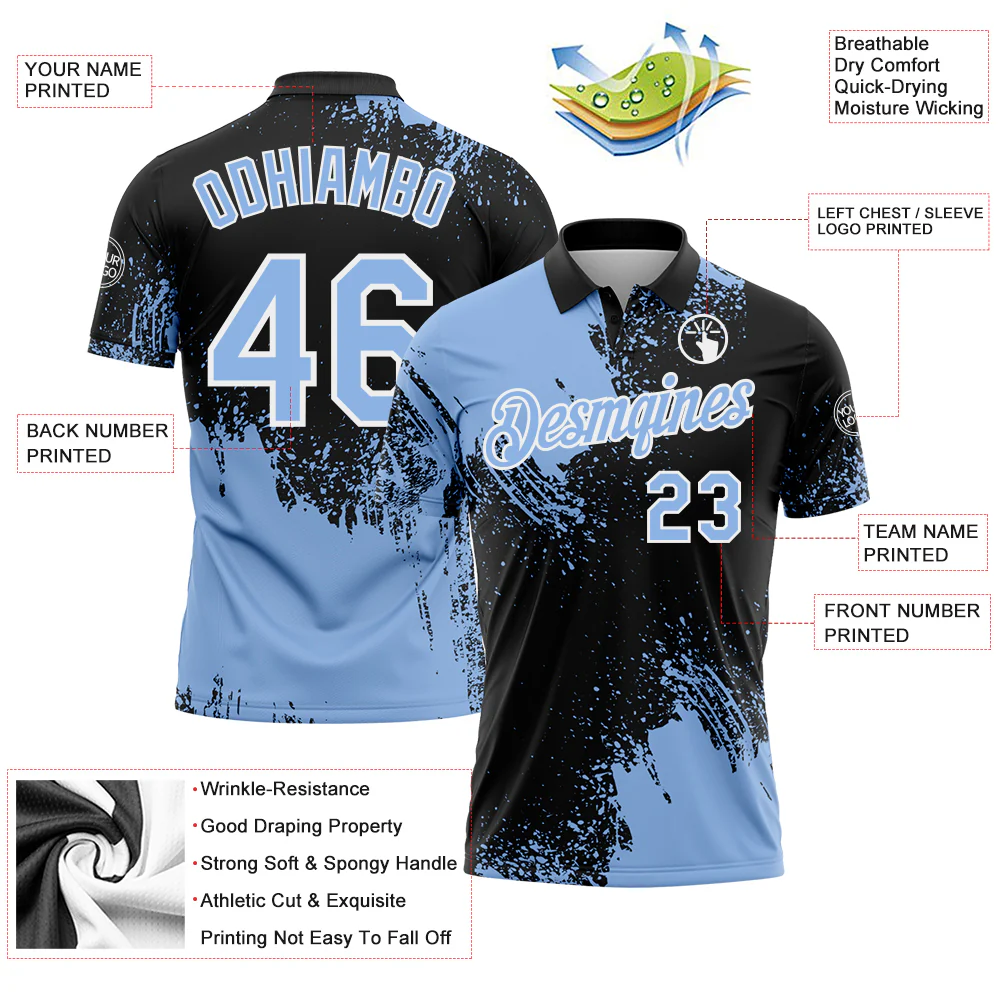 Custom Light Blue Black-White 3D Pattern Design Abstract Brush Stroke Performance Polo Shirt