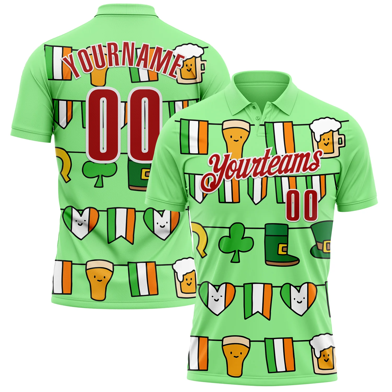 Custom Pea Green Red-White 3D St. Patrick's Day Shamrock Performance Polo Shirt