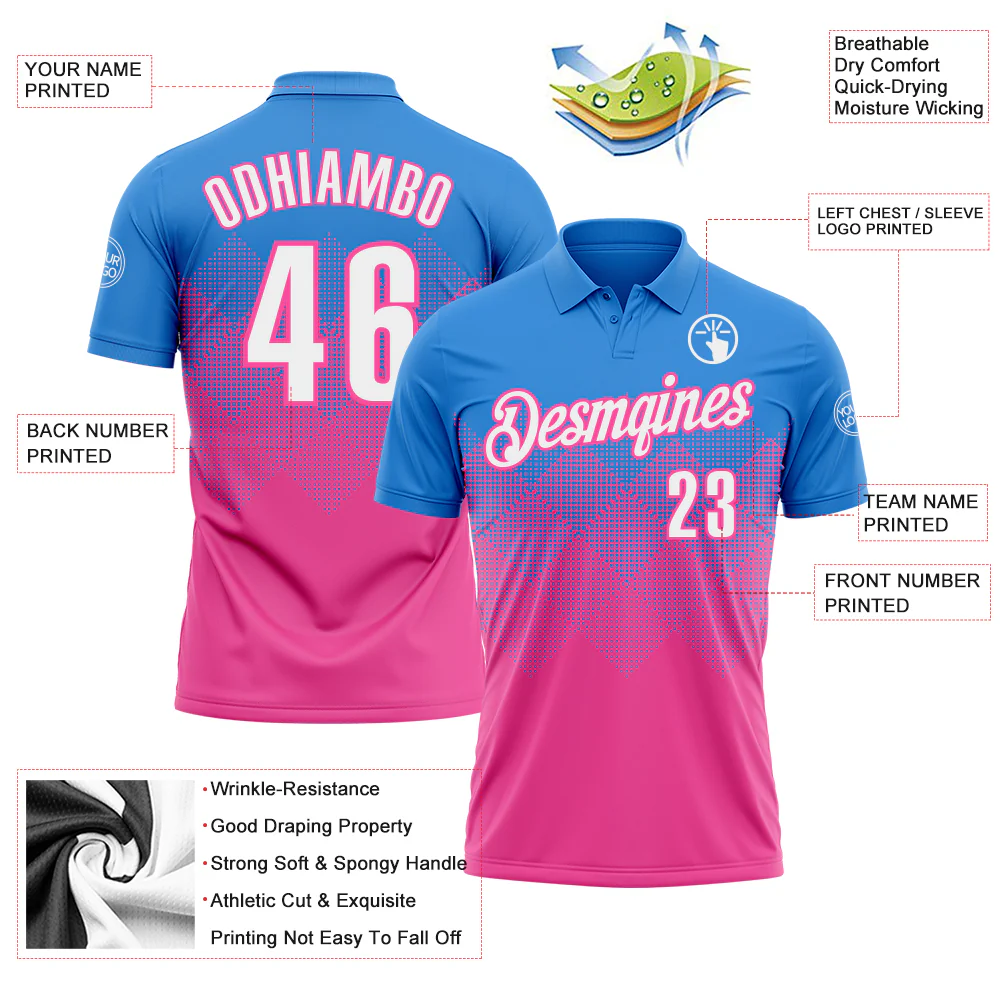 Custom Powder Blue White-Pink 3D Gradient Square Shape Performance Polo Shirt