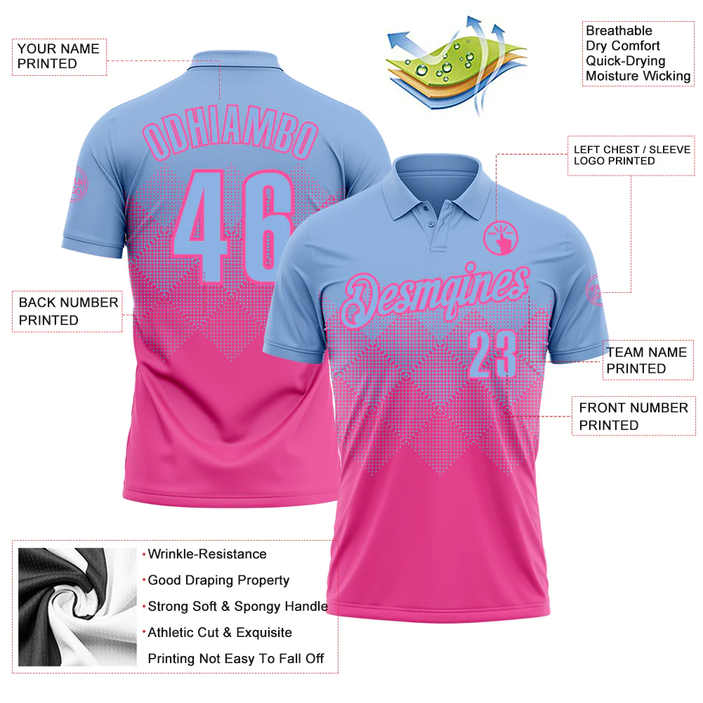 Custom Light Blue Pink 3D Gradient Square Shape Performance Polo Shirt
