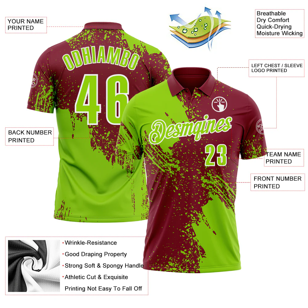 Custom Neon Green Crimson-White 3D Pattern Design Abstract Brush Stroke Performance Polo Shirt