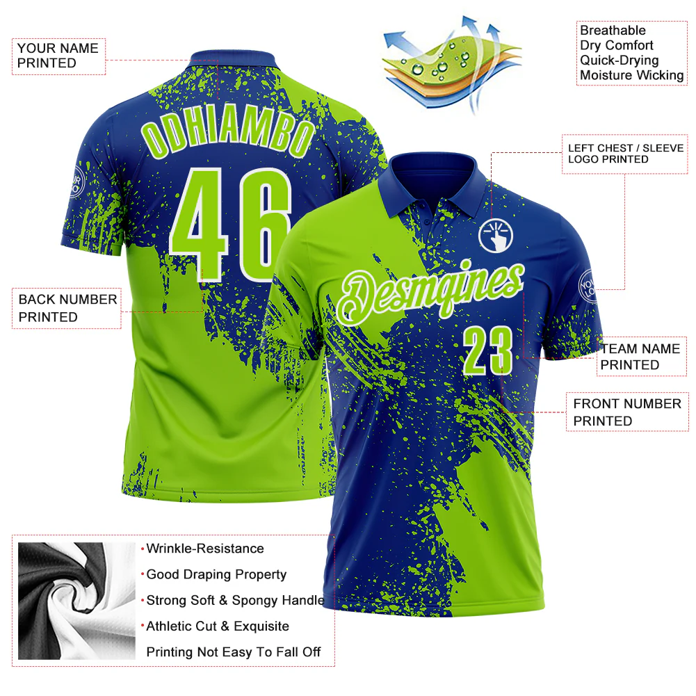 Custom Neon Green Royal-White 3D Pattern Design Abstract Brush Stroke Performance Polo Shirt