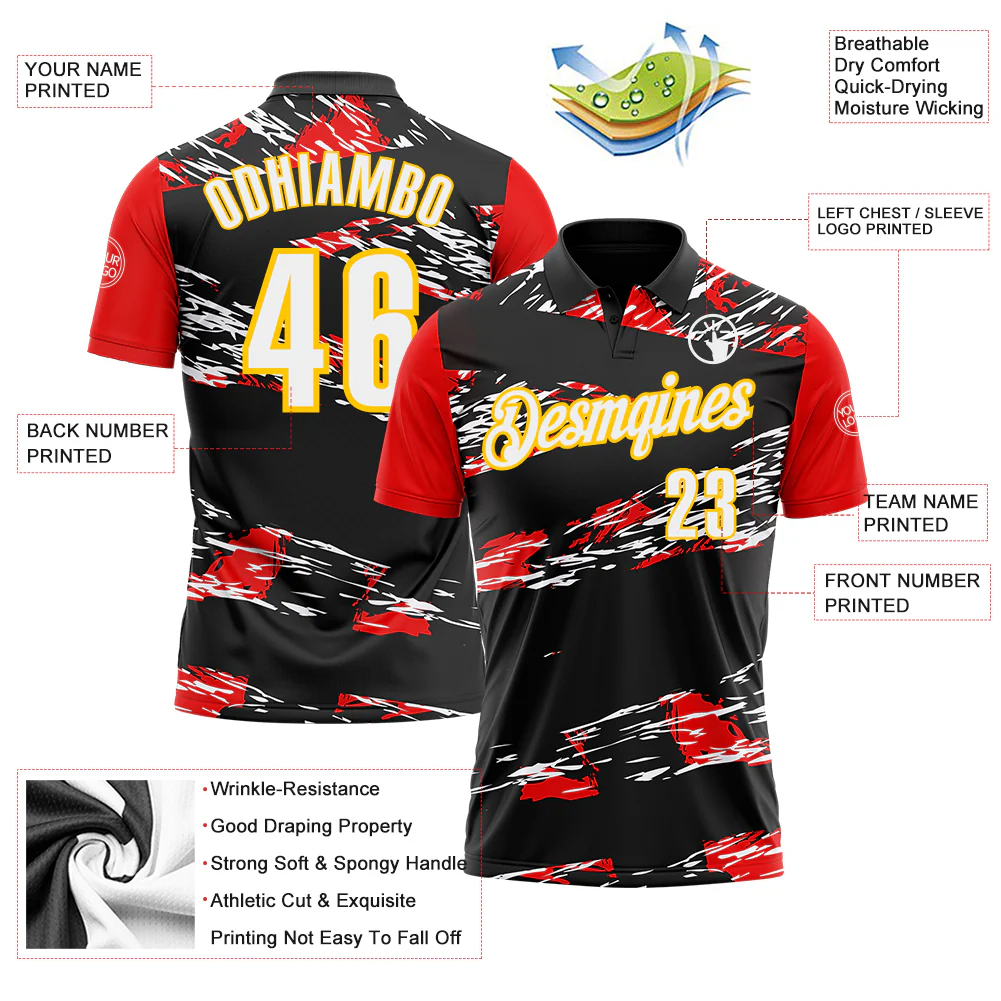 Custom Black Yellow-Red 3D Abstract Grunge Art Performance Polo Shirt