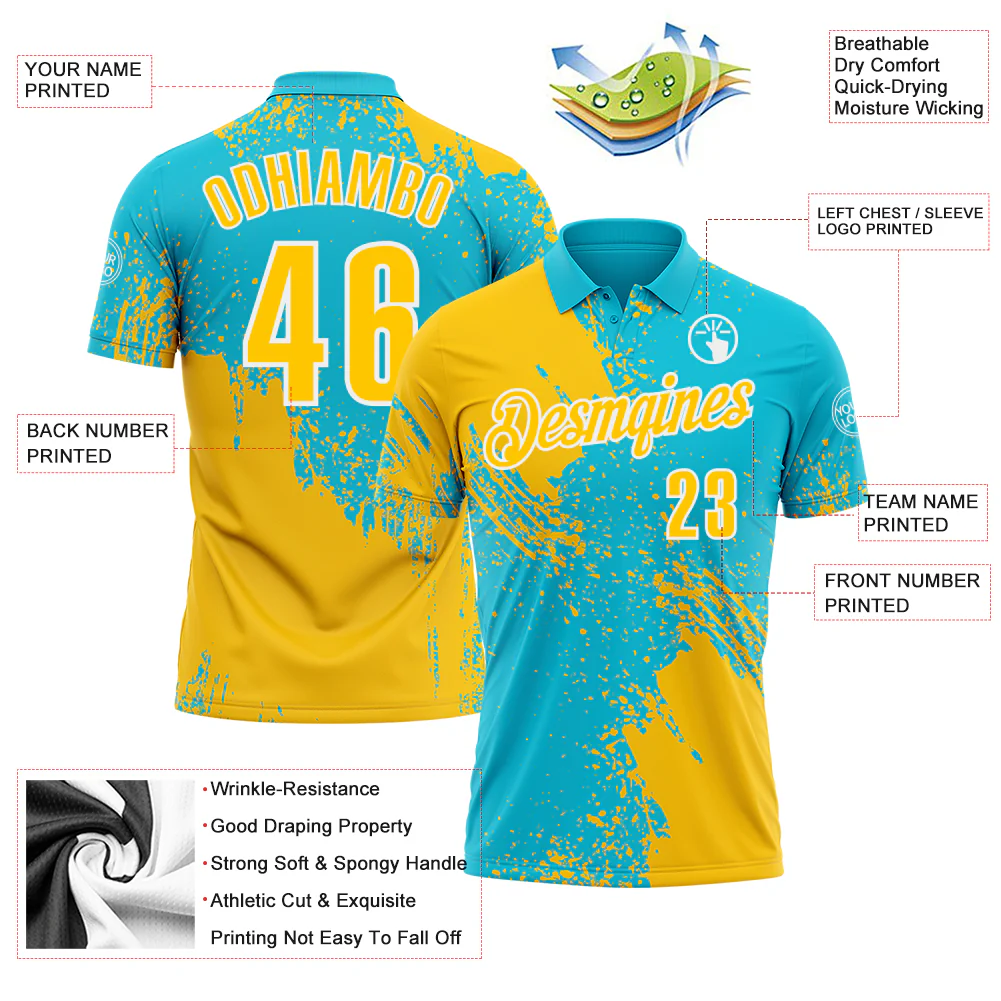 Custom Yellow Lakes Blue-White 3D Pattern Design Abstract Brush Stroke Performance Polo Shirt