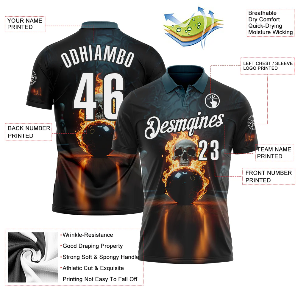 Custom Black White 3D Flame Skull Bowling Performance Polo Shirt