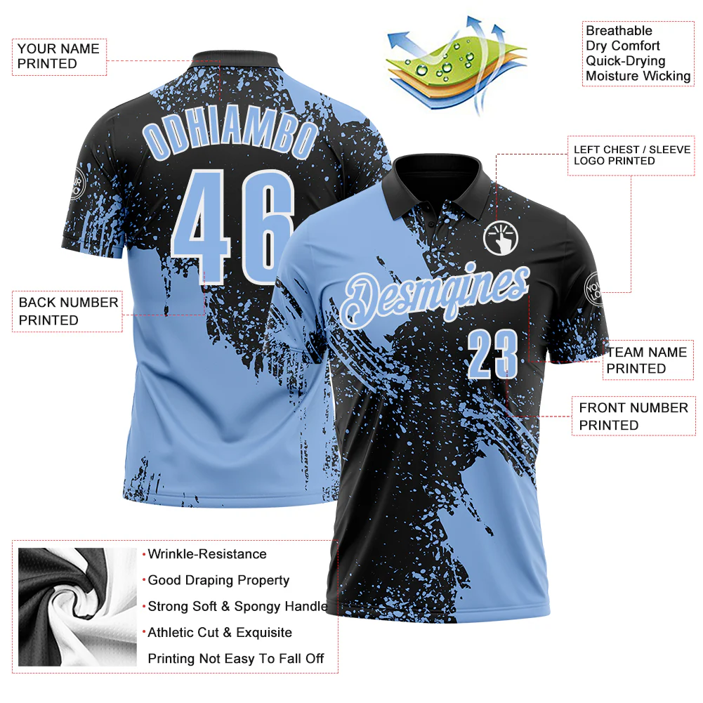 Custom Light Blue Black-White 3D Pattern Design Abstract Brush Stroke Performance Polo Shirt