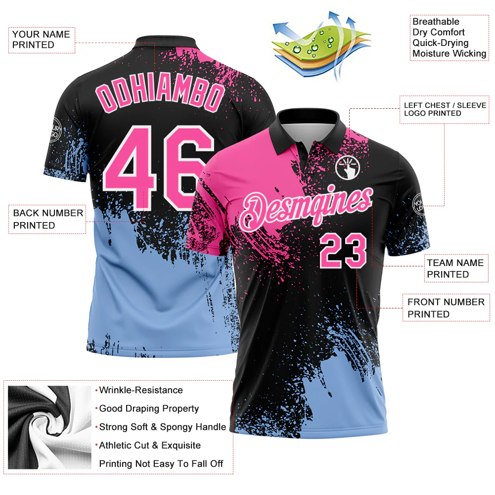 Custom Pink Black-Light Blue 3D Pattern Design Abstract Brush Stroke Performance Polo Shirt