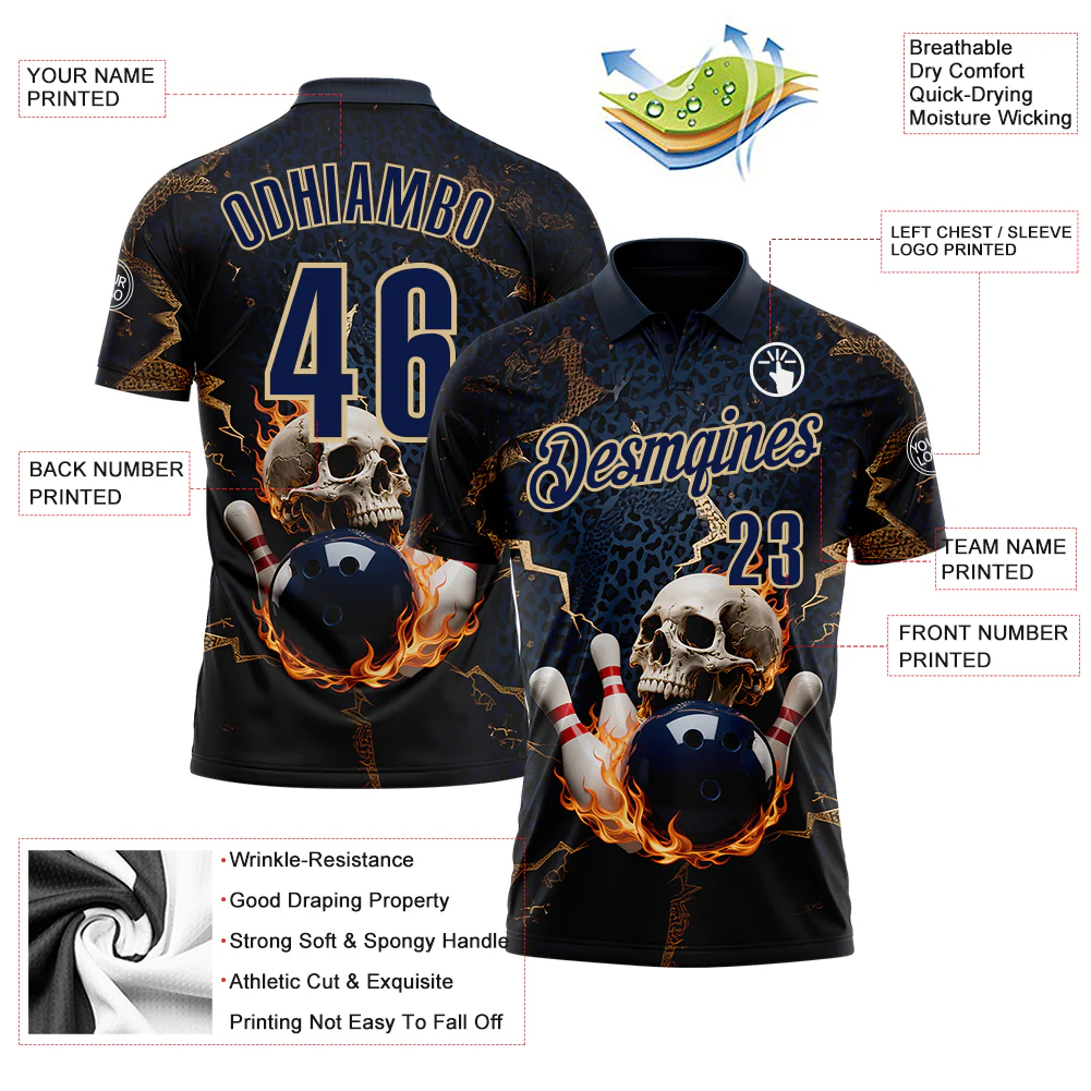 Custom Navy Vegas Gold 3D Flame Leopard Print Skull Bowling Performance Polo Shirt