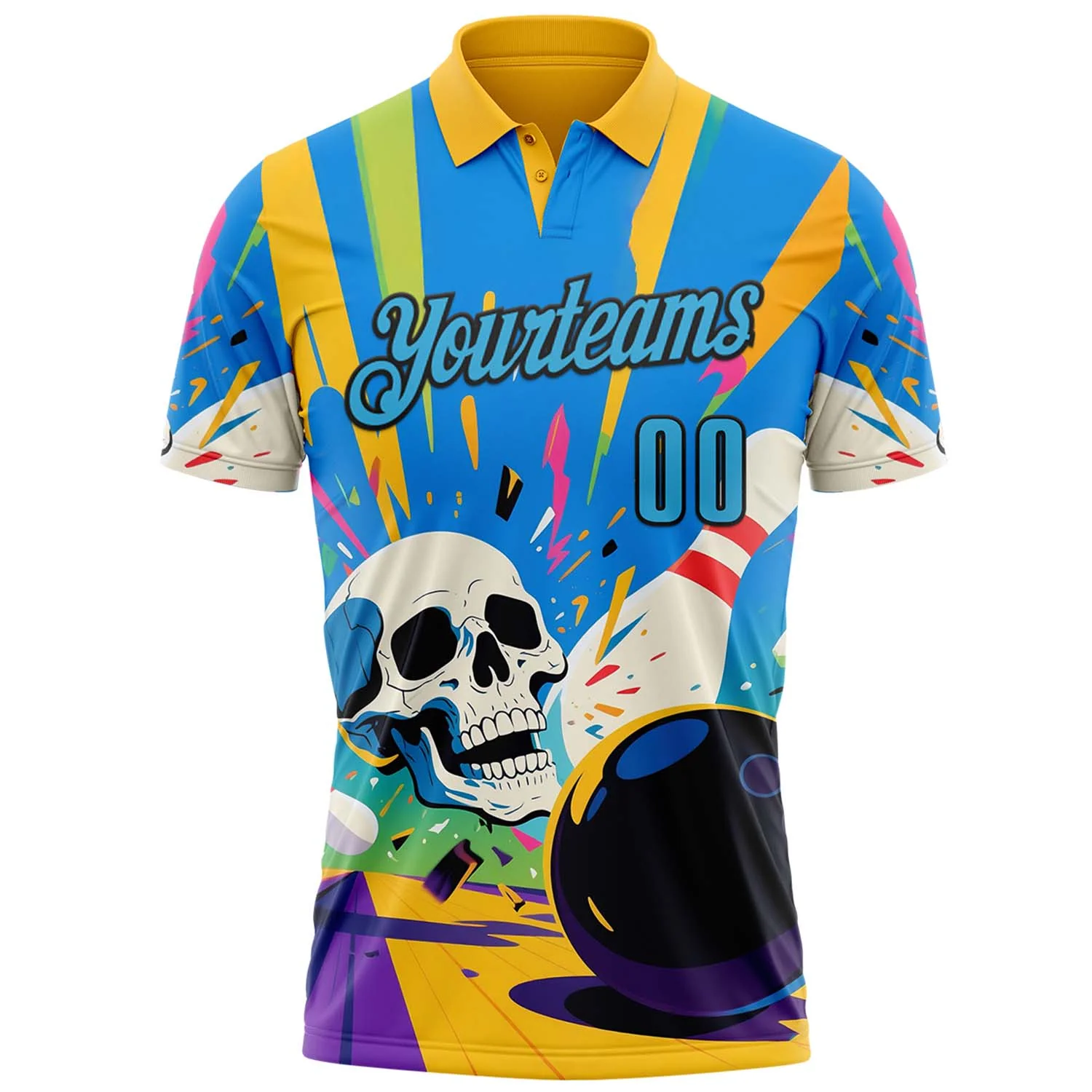 Custom Gold Sky Blue-Black 3D Splash Skull Bowling Performance Polo Shirt