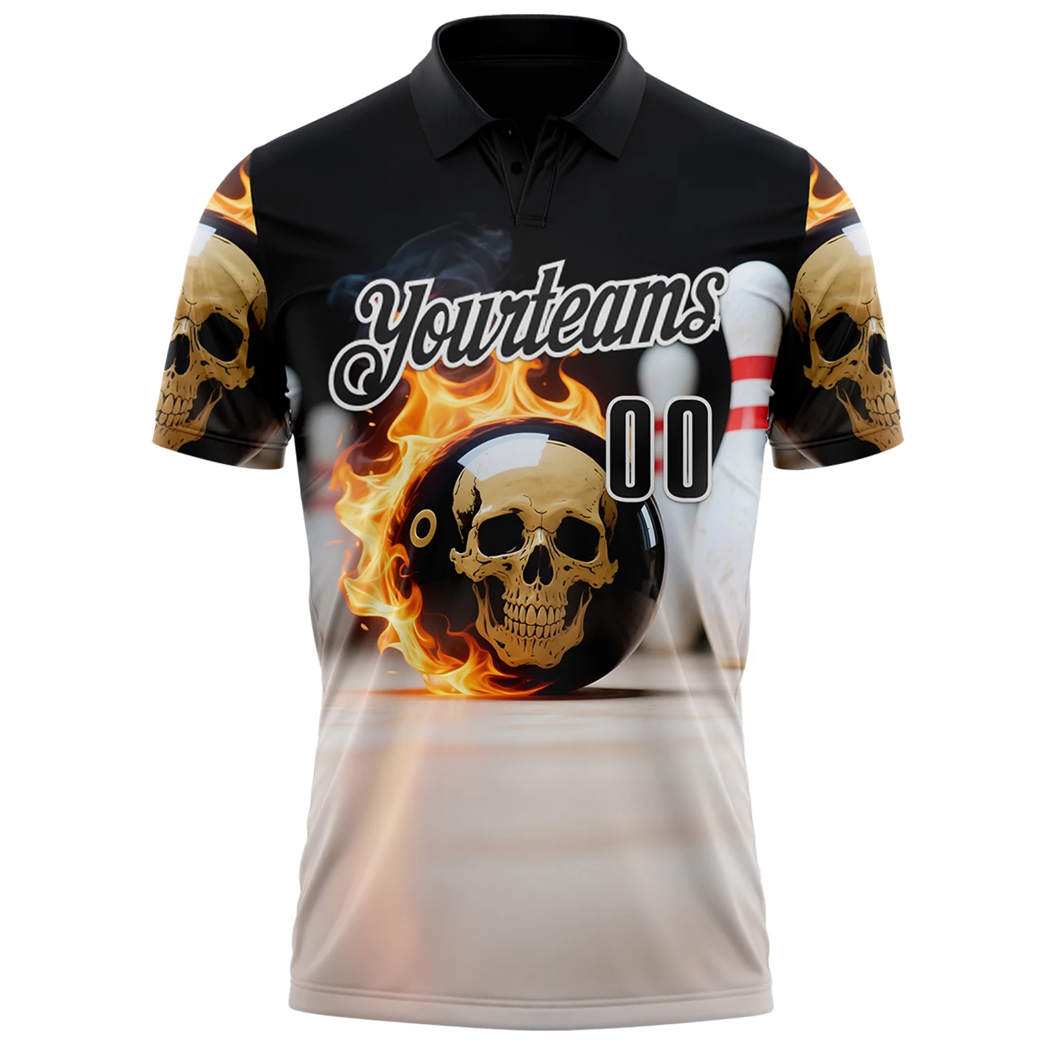 Custom Black White 3D Flame Skull Bowling Performance Polo Shirt