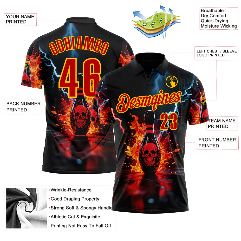 Custom Black Red-Yellow 3D Flame Lightning Skull Bowling Performance Polo Shirt