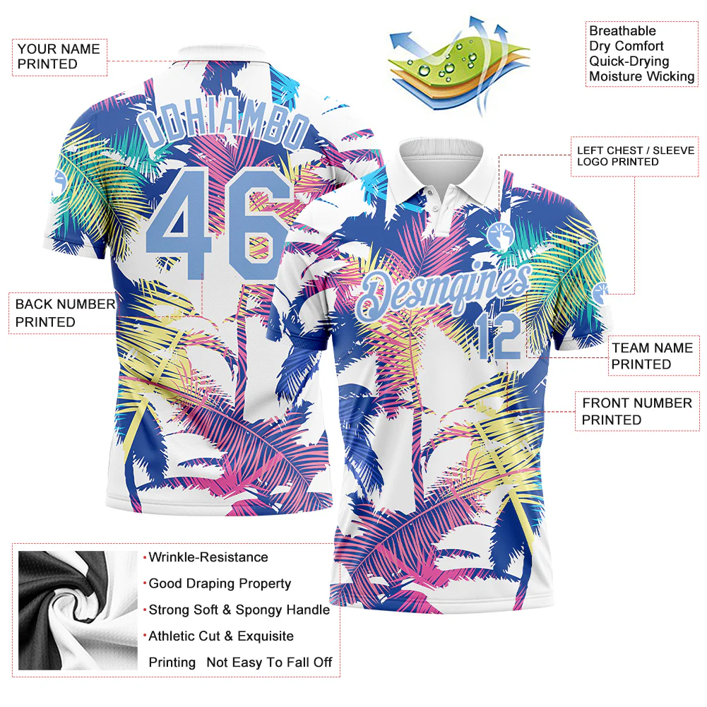 Custom White Light Blue 3D Pattern Design Hawaii Palm Trees Performance Golf Polo Shirt