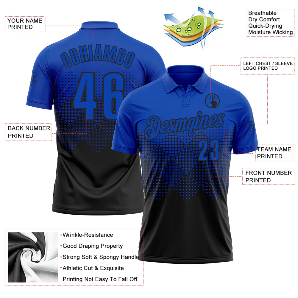 Custom Thunder Blue Black 3D Gradient Square Shape Performance Polo Shirt