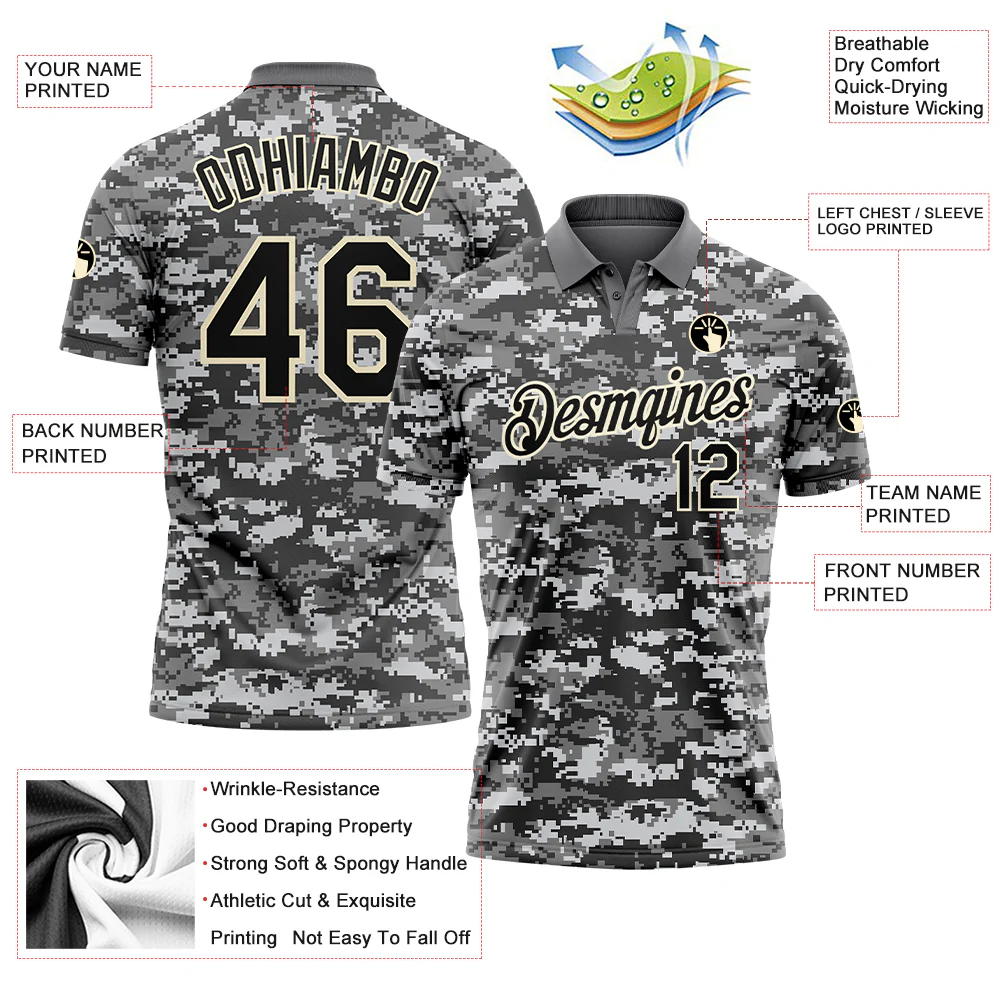 Custom Camo Black-Cream 3D Performance Salute To Service Golf Polo Shirt