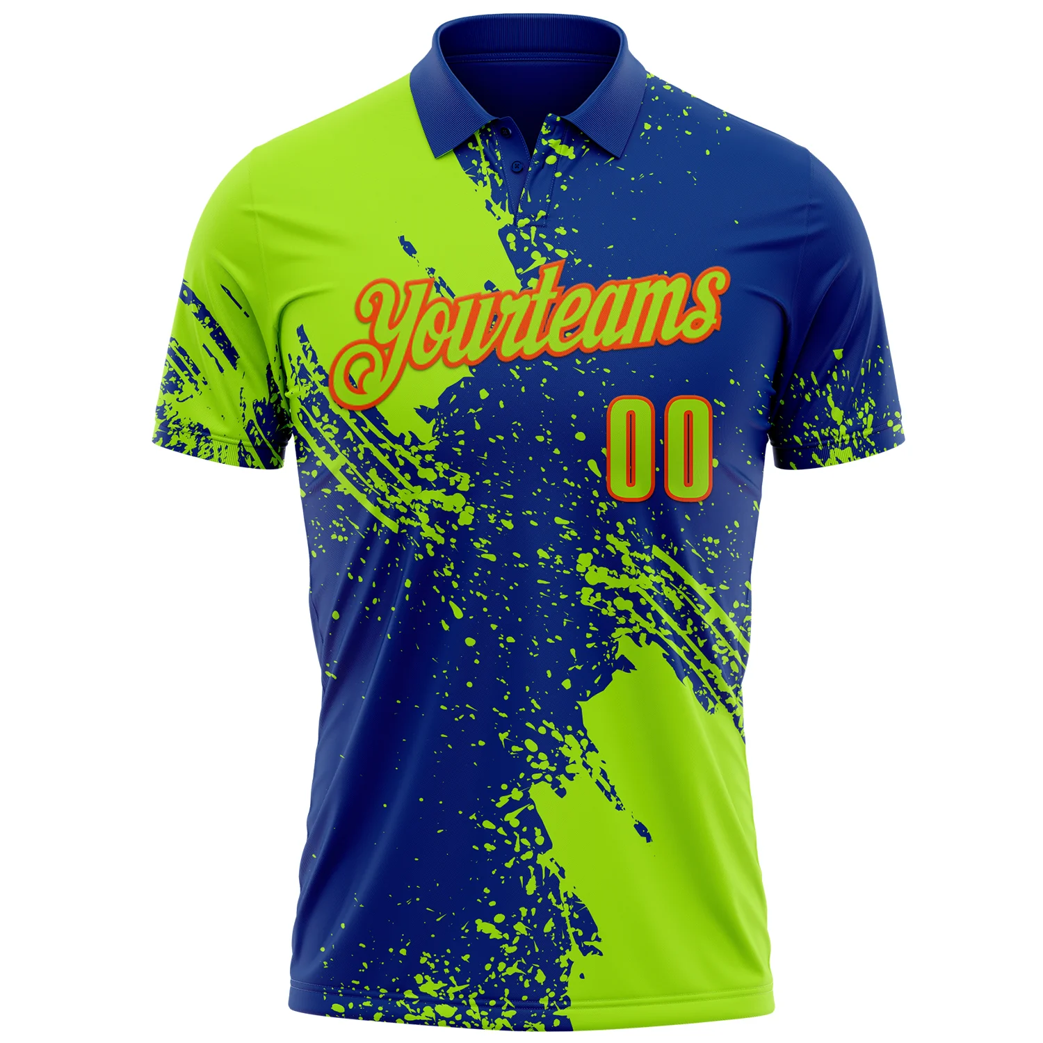 Custom Neon Green Royal-Orange 3D Pattern Design Abstract Brush Stroke Performance Polo Shirt