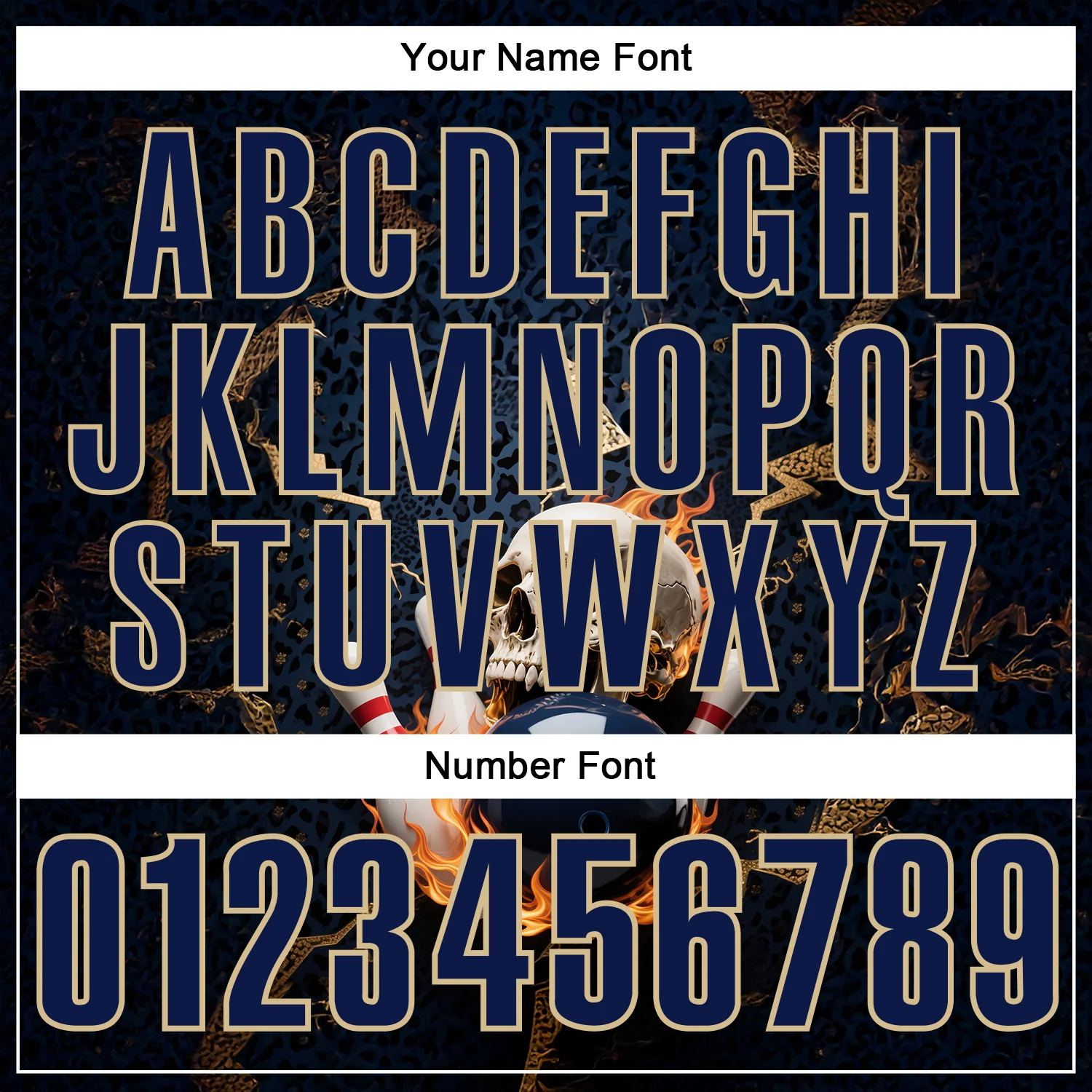 Custom Navy Vegas Gold 3D Flame Leopard Print Skull Bowling Performance Polo Shirt