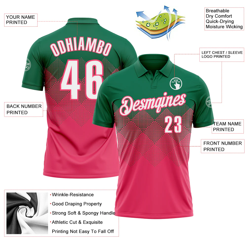 Custom Kelly Green White-Neon Pink 3D Gradient Square Shape Performance Polo Shirt