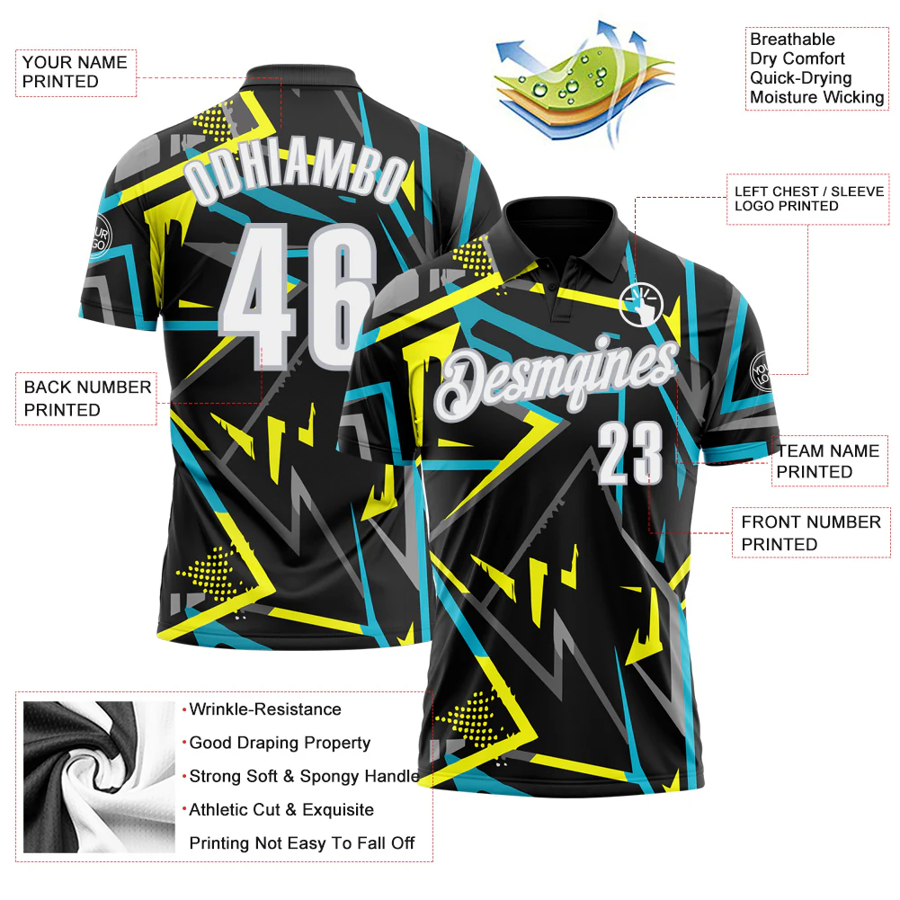 Custom Black White-Gray 3D Bowling Performance Polo Shirt