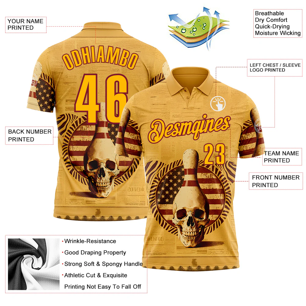 Custom Yellow Gold-Crimson 3D Retro American Flag Skull Bowling Performance Polo Shirt