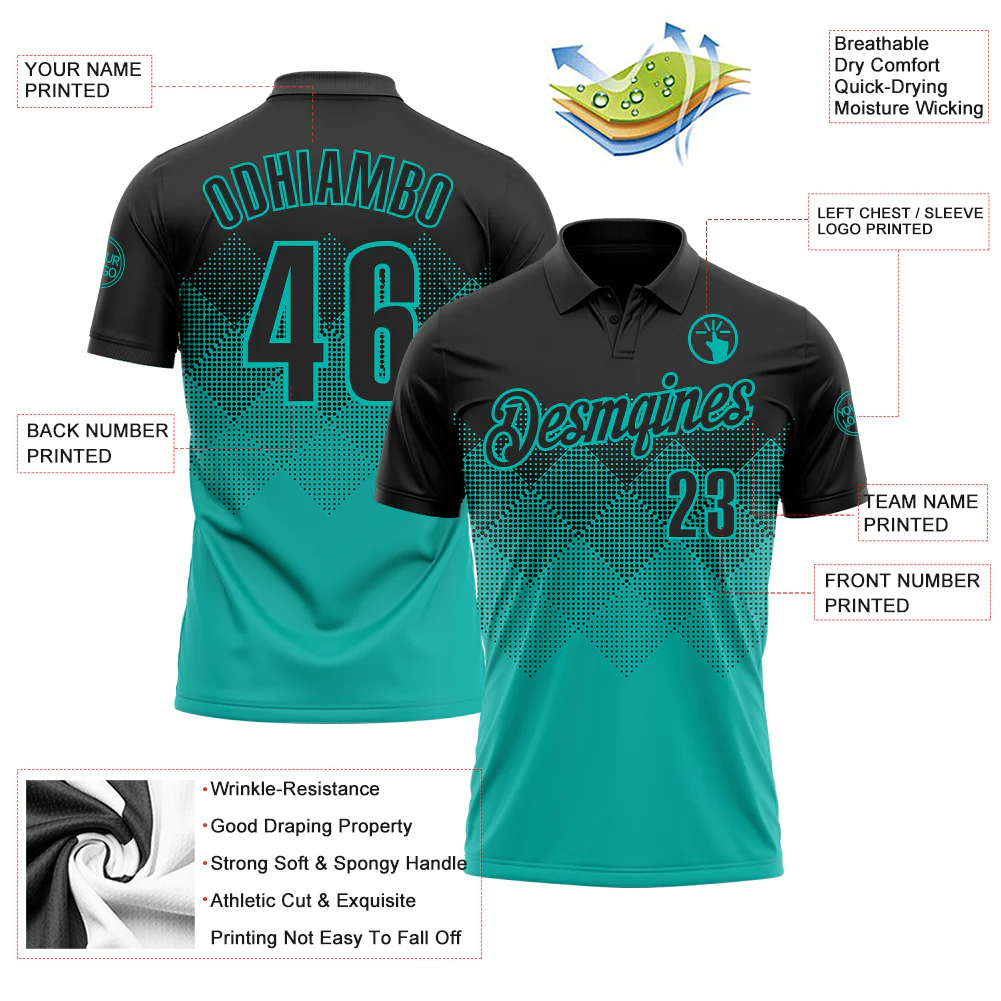 Custom Black Aqua 3D Gradient Square Shape Performance Polo Shirt