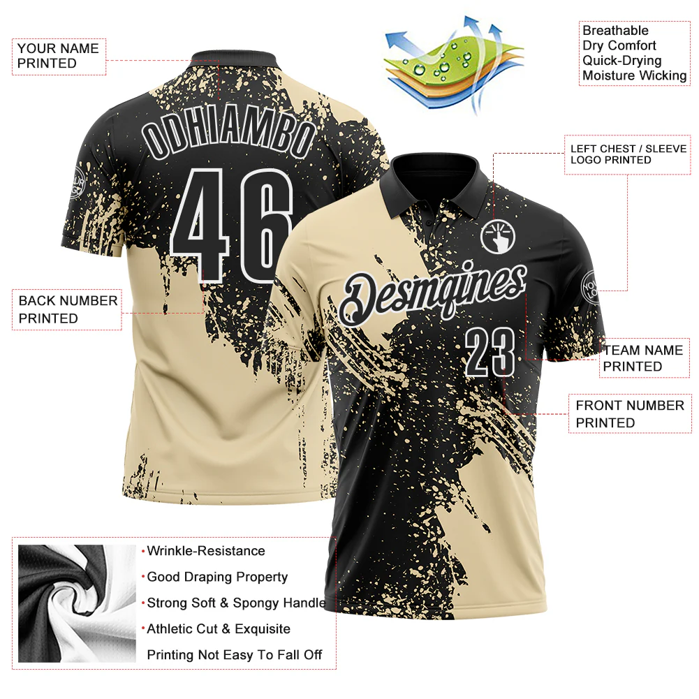 Custom Cream Black-White 3D Pattern Design Abstract Brush Stroke Performance Polo Shirt