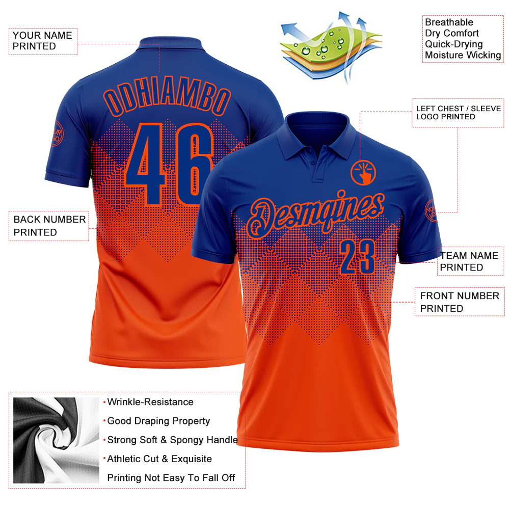 Custom Royal Orange 3D Gradient Square Shape Performance Polo Shirt