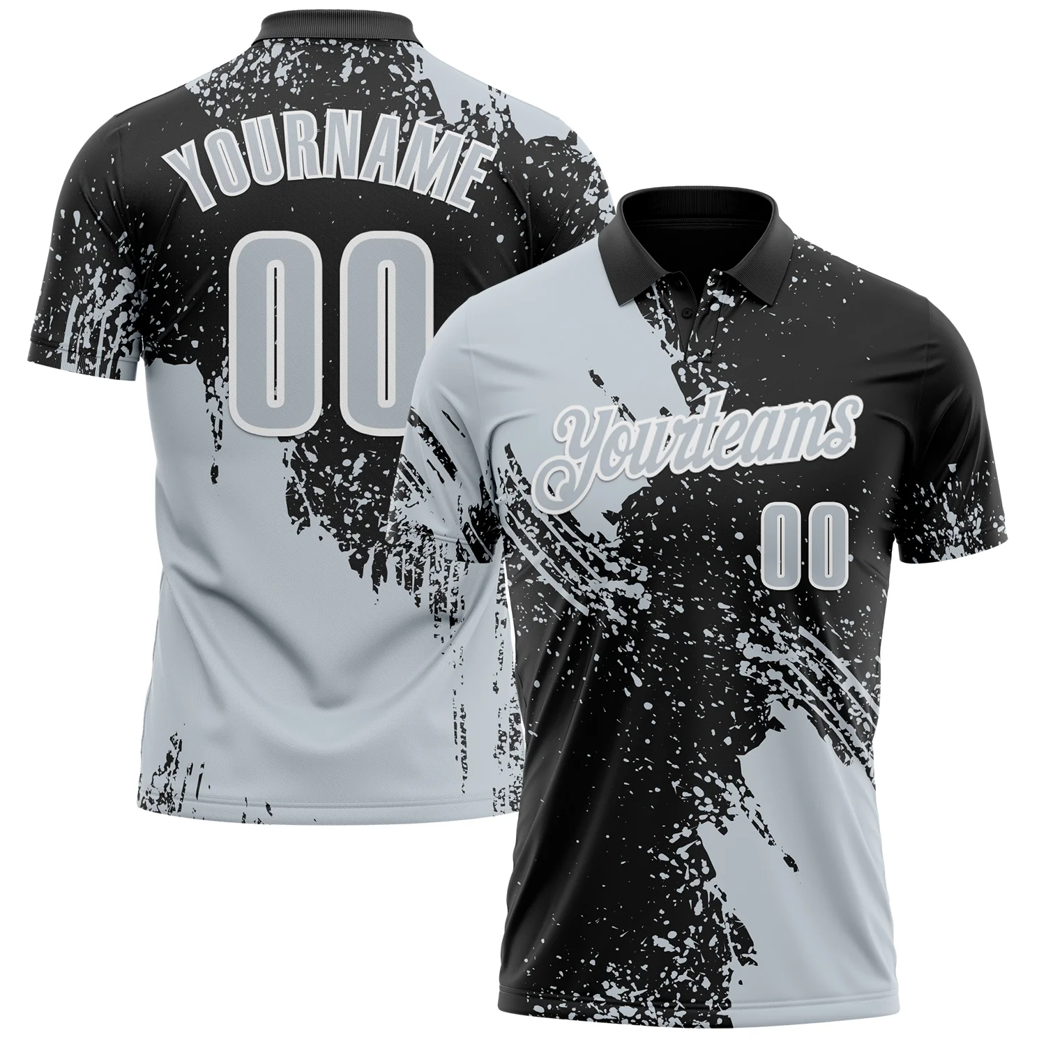 Custom Silver Black-White 3D Pattern Design Abstract Brush Stroke Performance Polo Shirt