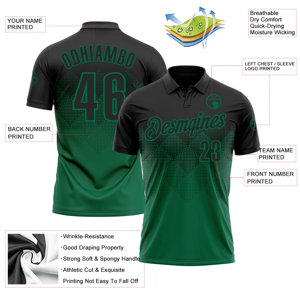 Custom Black Kelly Green 3D Gradient Square Shape Performance Polo Shirt