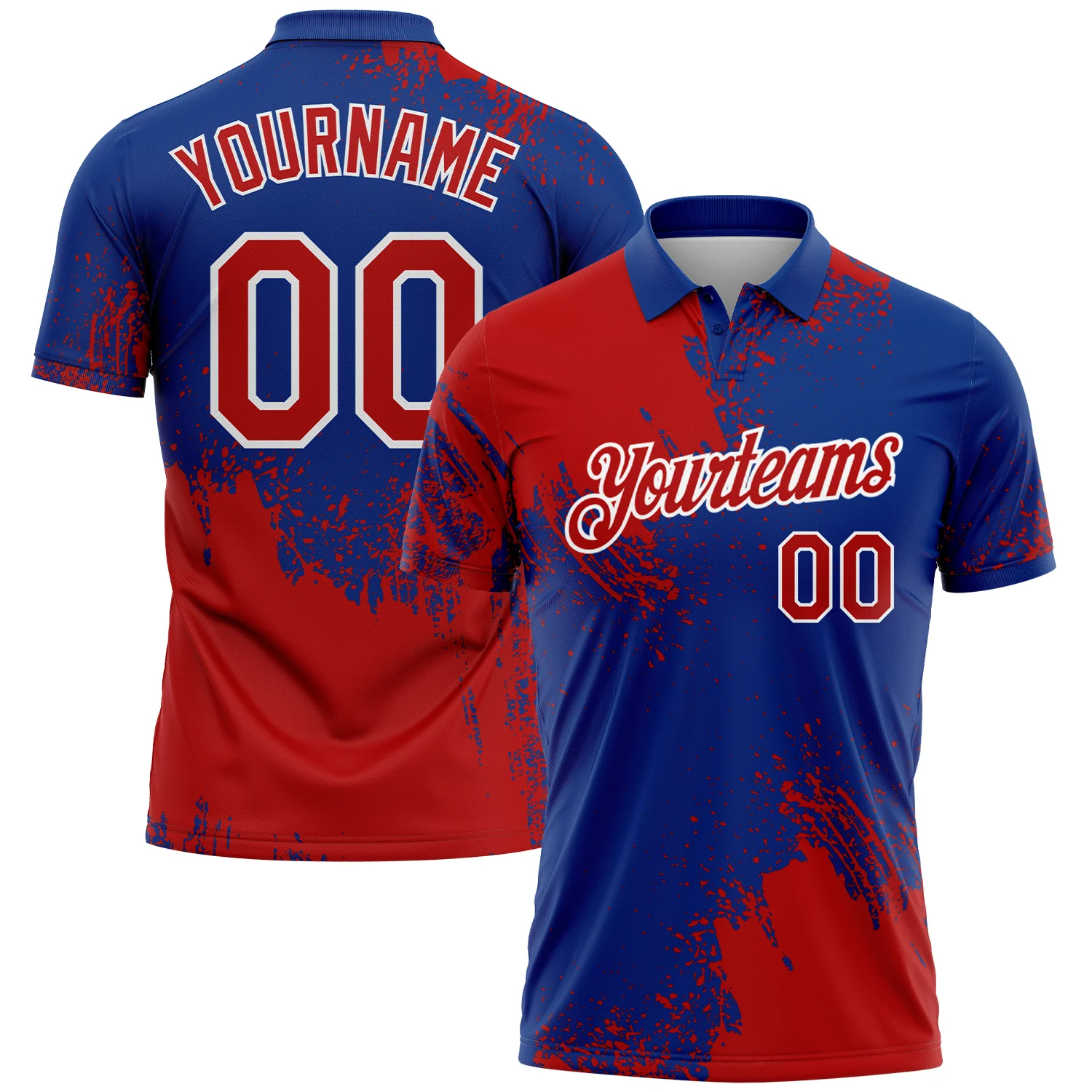 Custom Red Royal-White 3D Pattern Design Abstract Brush Stroke Performance Polo Shirt