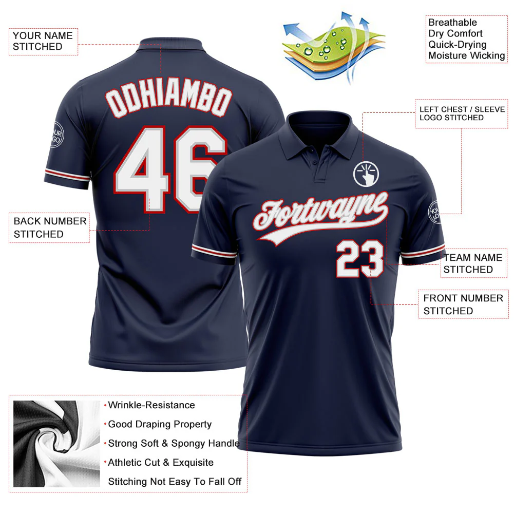 Custom Navy White Gray-Red Performance Vapor Golf Polo Shirt