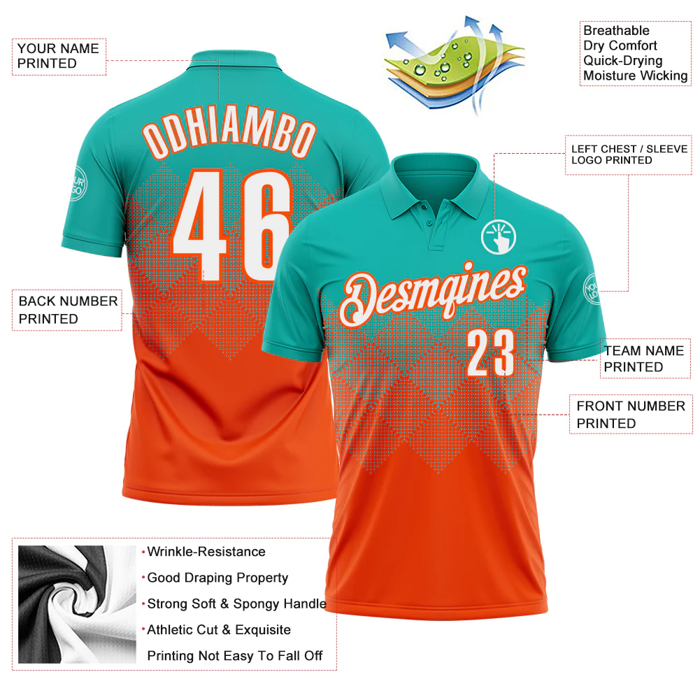 Custom Aqua White-Orange 3D Gradient Square Shape Performance Polo Shirt