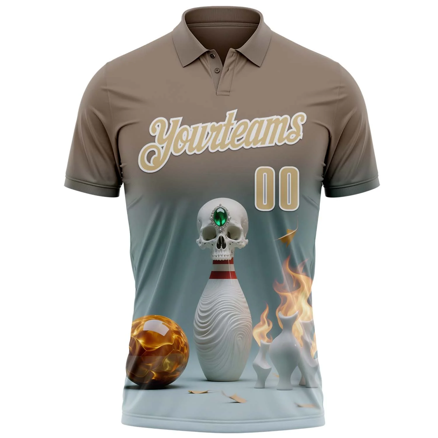 Custom Gray Vegas Gold-White 3D Flame Gem Skull Bowling Performance Polo Shirt