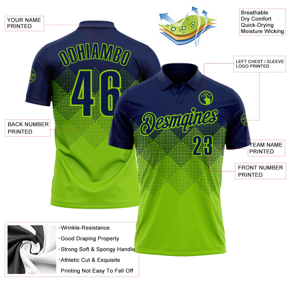 Custom Navy Neon Green 3D Gradient Square Shape Performance Polo Shirt