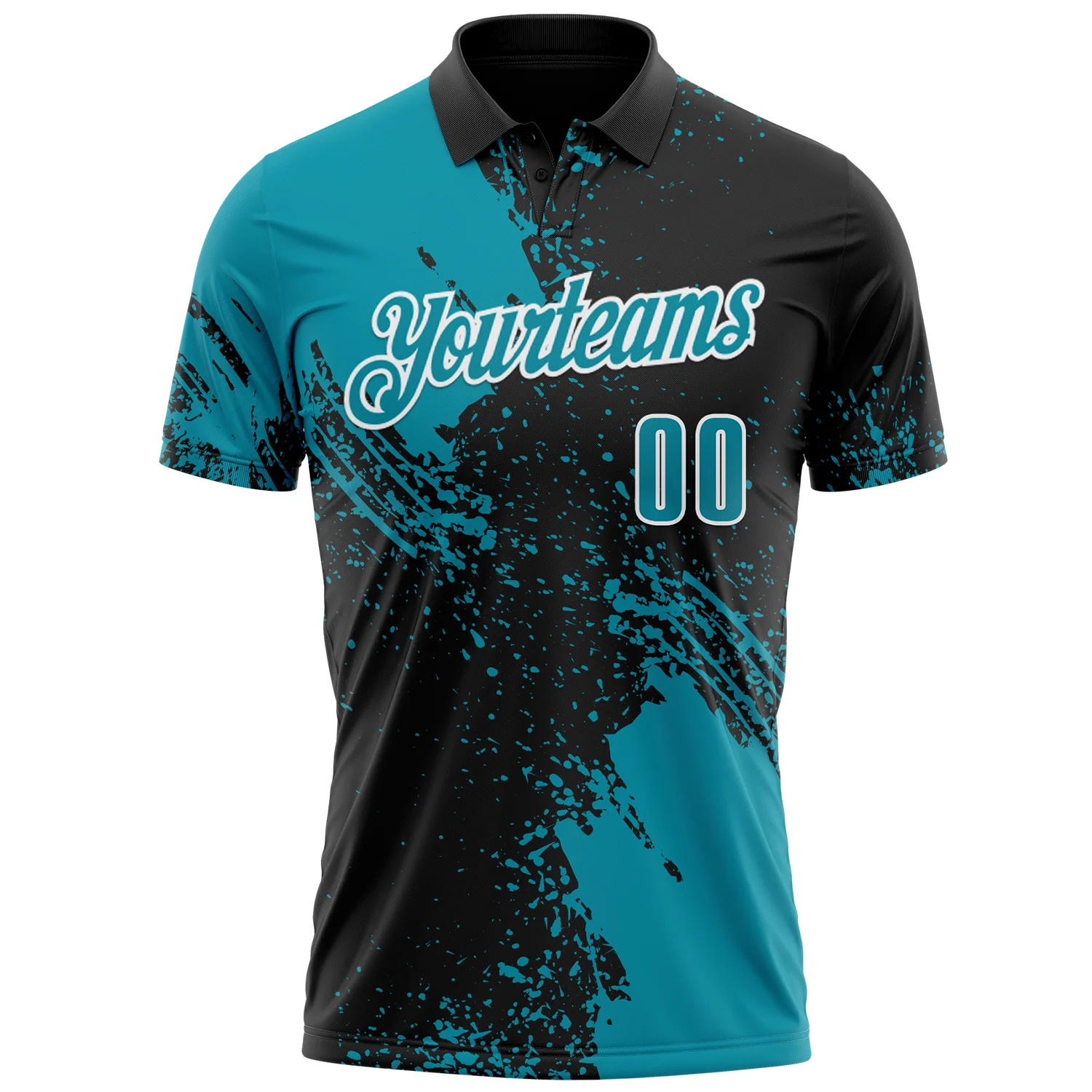 Custom Teal Black-White 3D Pattern Design Abstract Brush Stroke Performance Polo Shirt