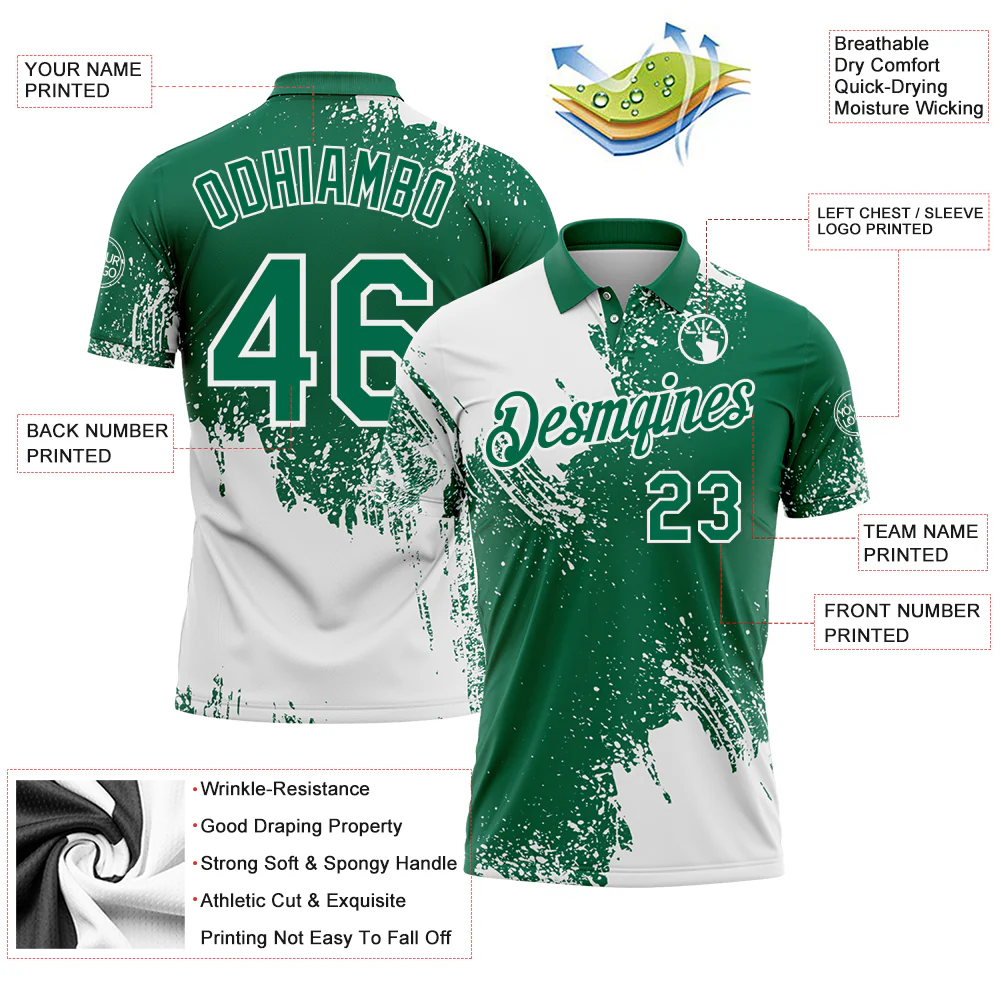 Custom White Kelly Green 3D Pattern Design Abstract Brush Stroke Performance Polo Shirt