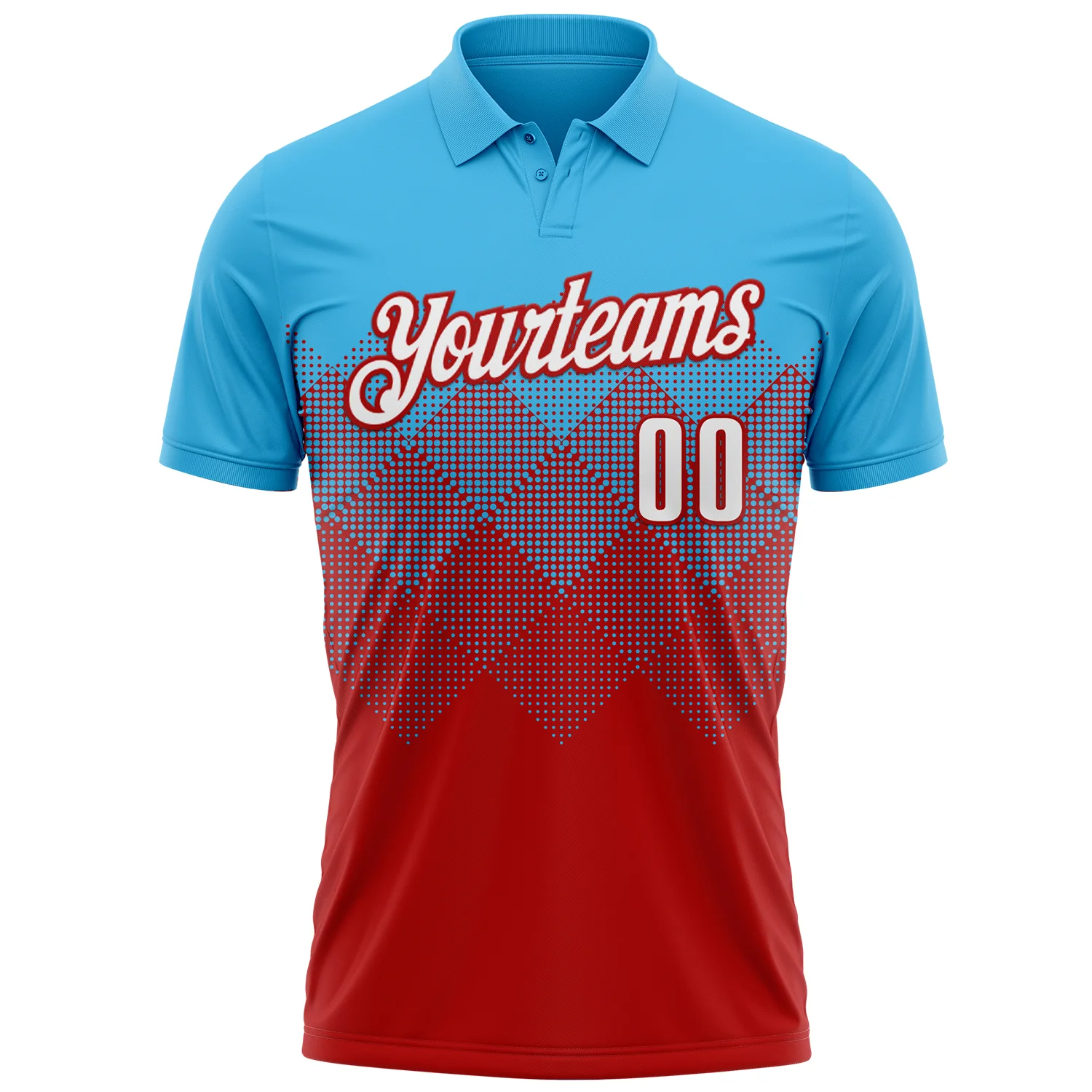 Custom Sky Blue White-Red 3D Gradient Square Shape Performance Polo Shirt
