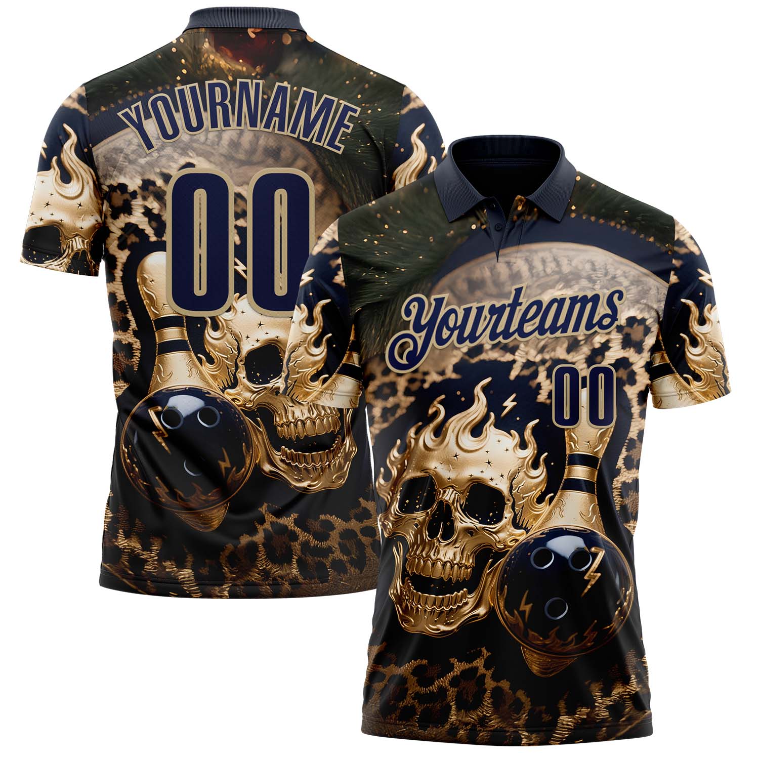Custom Navy Vegas Gold 3D Leopard Print Metal Skull Bowling Performance Polo Shirt