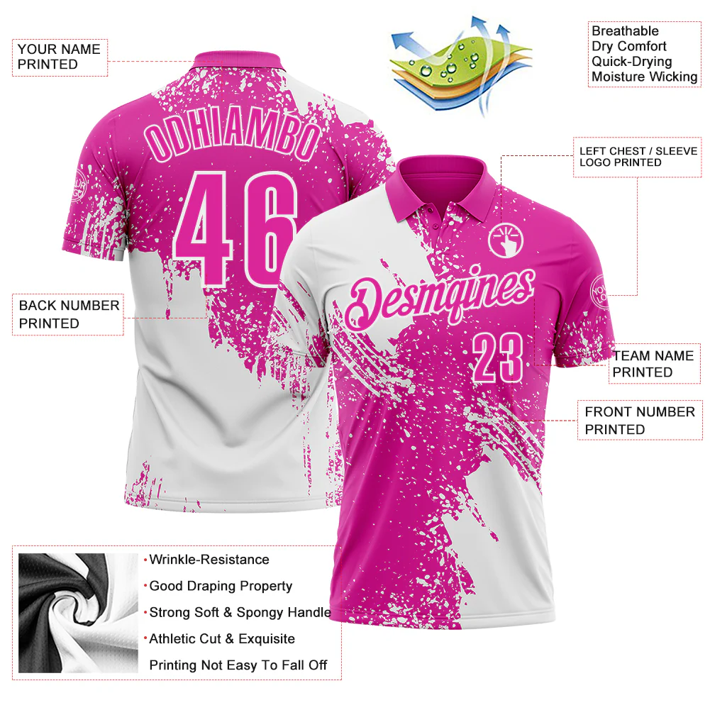 Custom White Deep Pink 3D Pattern Design Abstract Brush Stroke Performance Polo Shirt