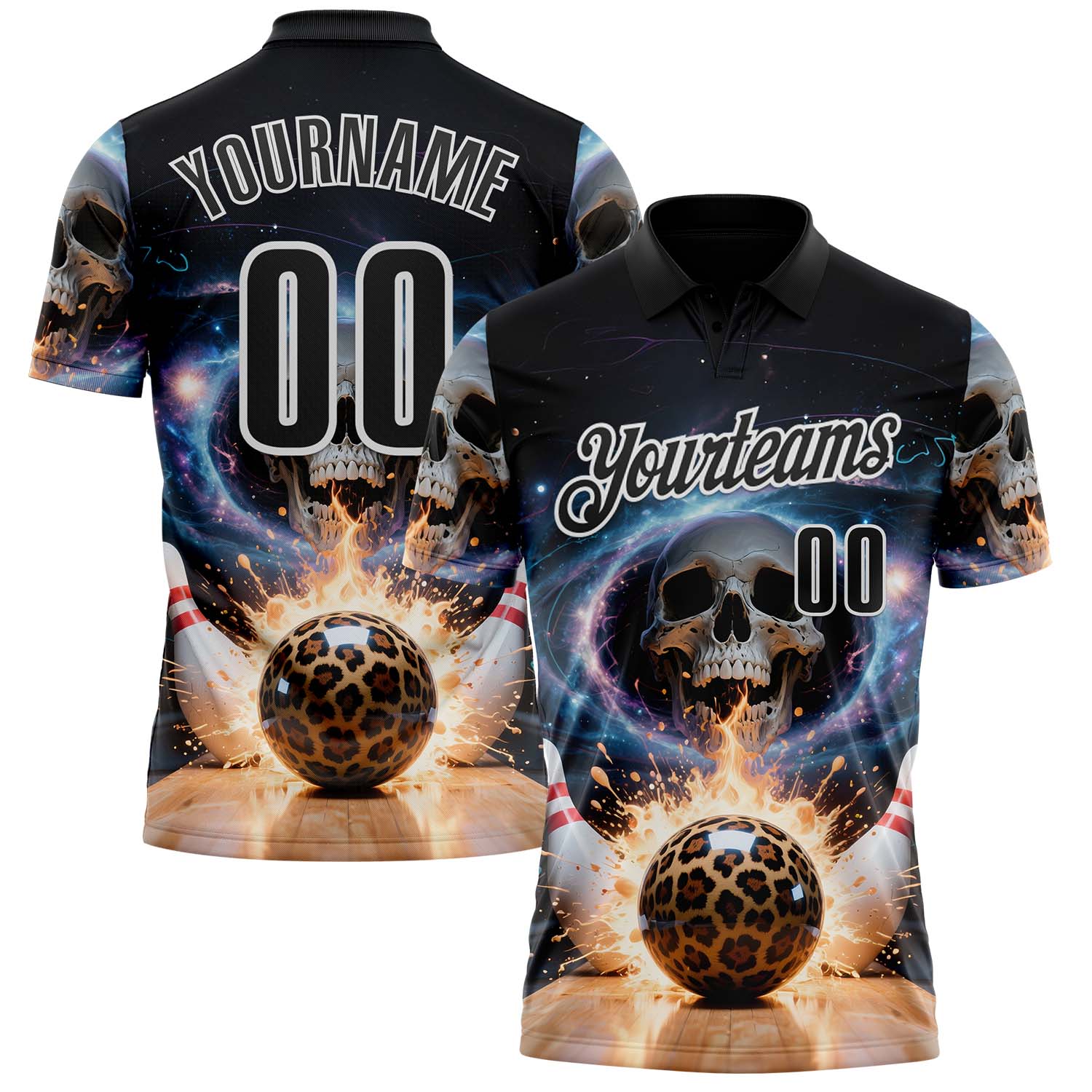 Custom Black White 3D Galaxy Splash Leopard Print Skull Bowling Performance Polo Shirt