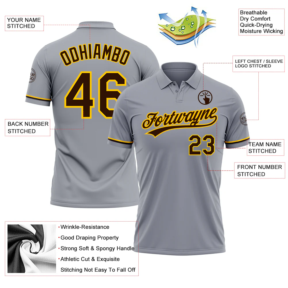 Custom Gray Brown-Yellow Performance Vapor Golf Polo Shirt