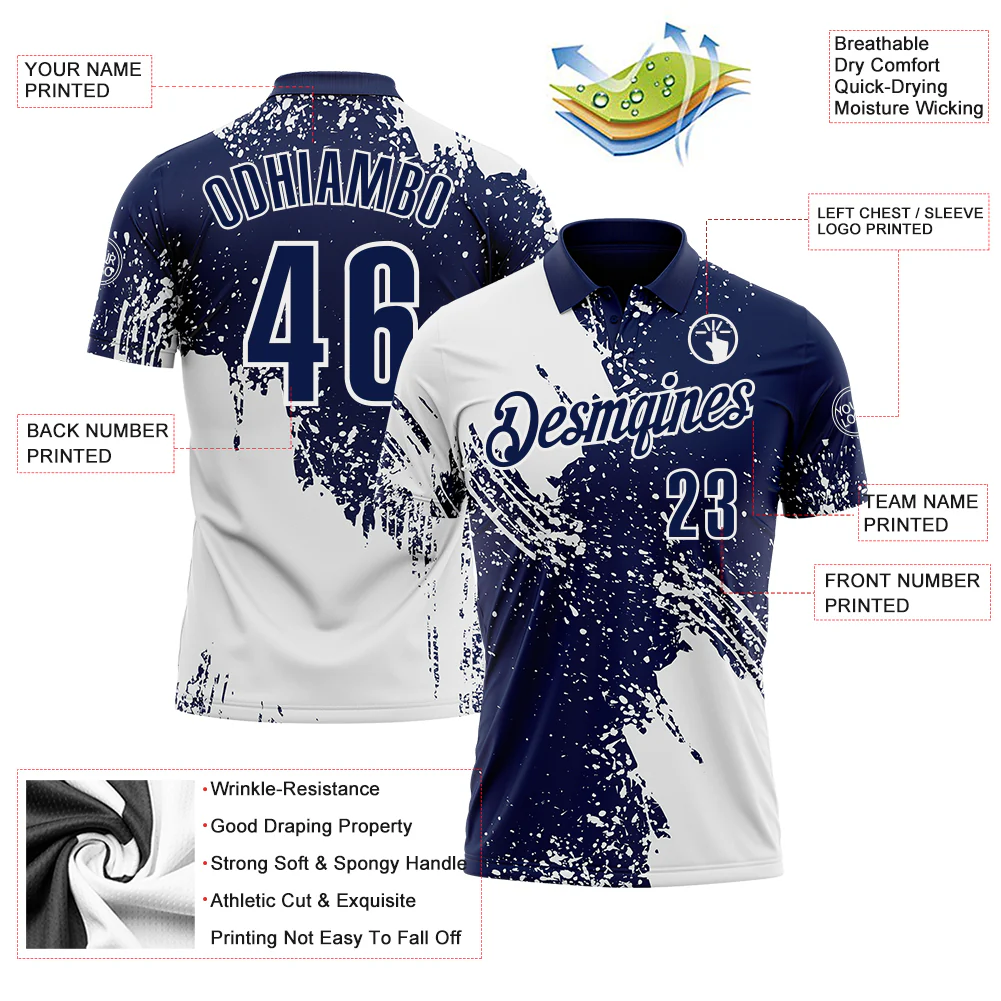 Custom White Navy 3D Pattern Design Abstract Brush Stroke Performance Polo Shirt