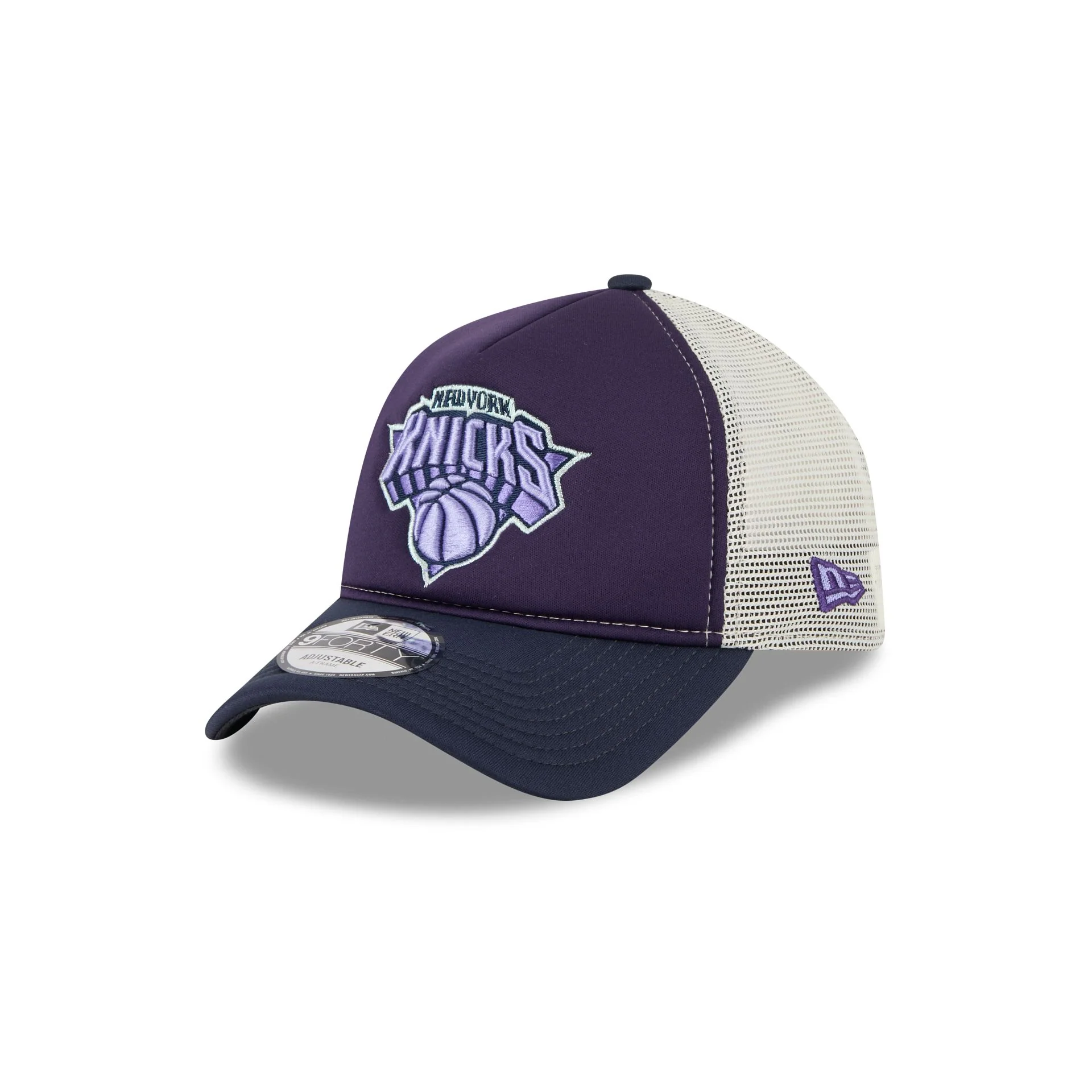 New York Knicks Navy Purple 9FORTY A-Frame Trucker Hat