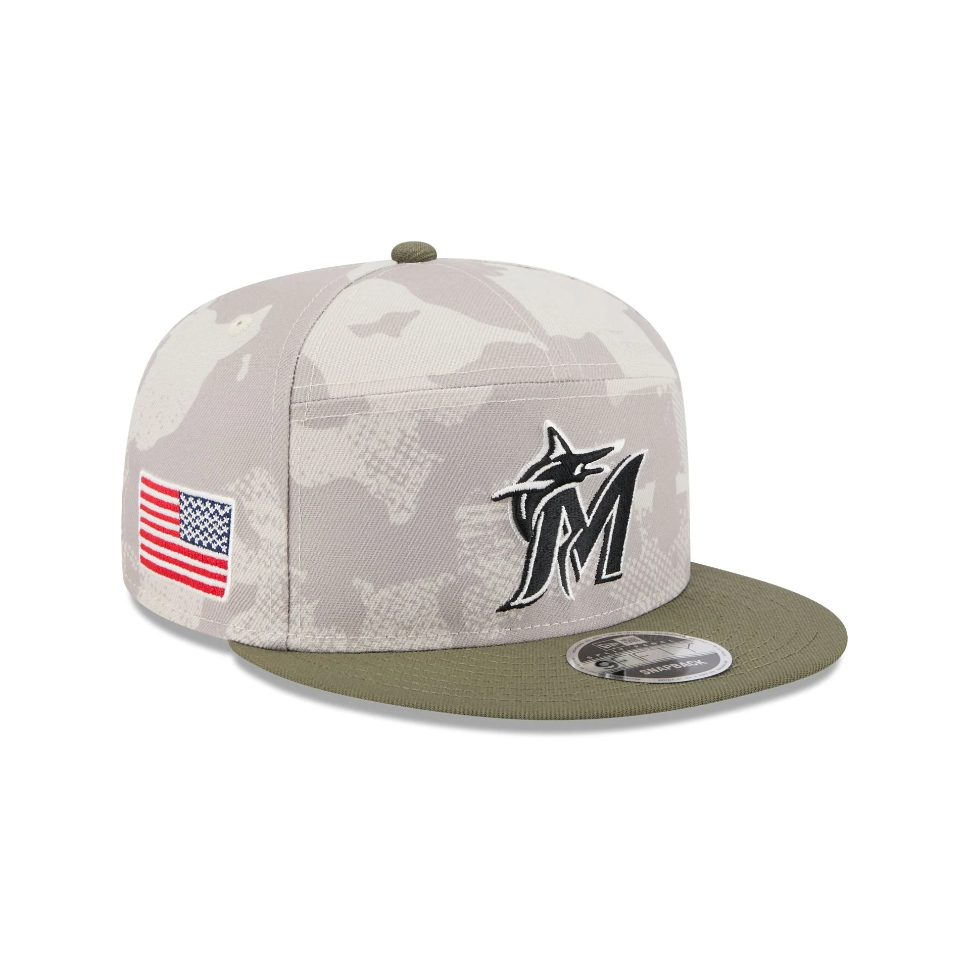 Miami Marlins Armed Forces Day 2025 Split Panel 9FIFTY Snapback Hat