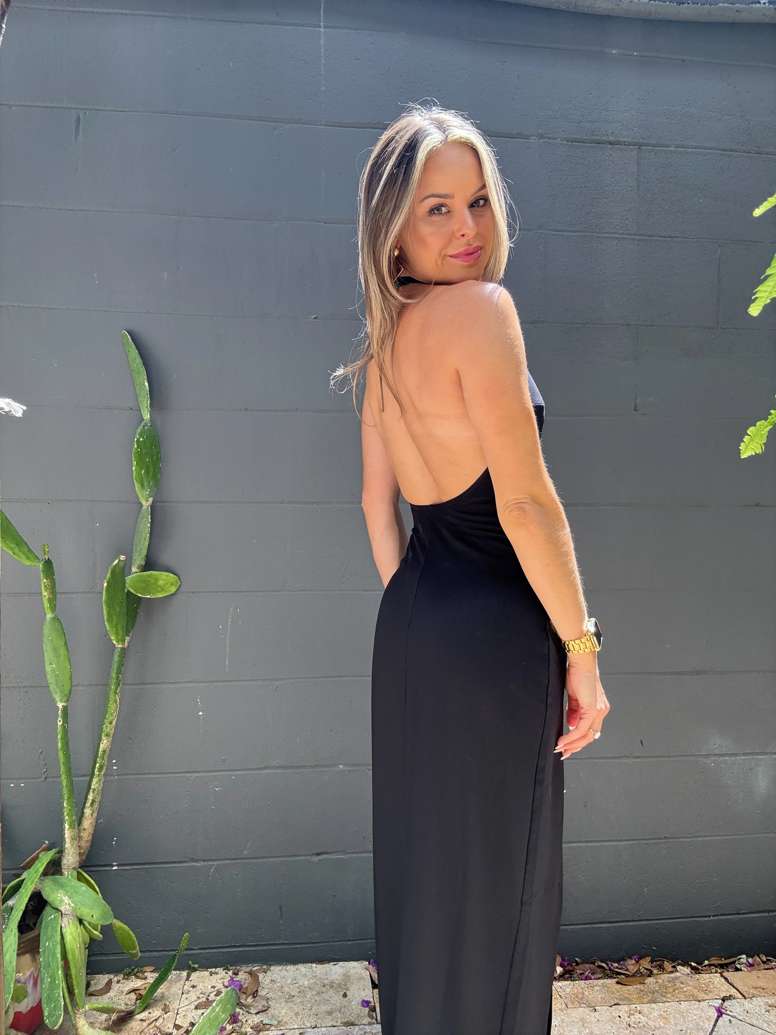 high neck low back halter slit dress 42