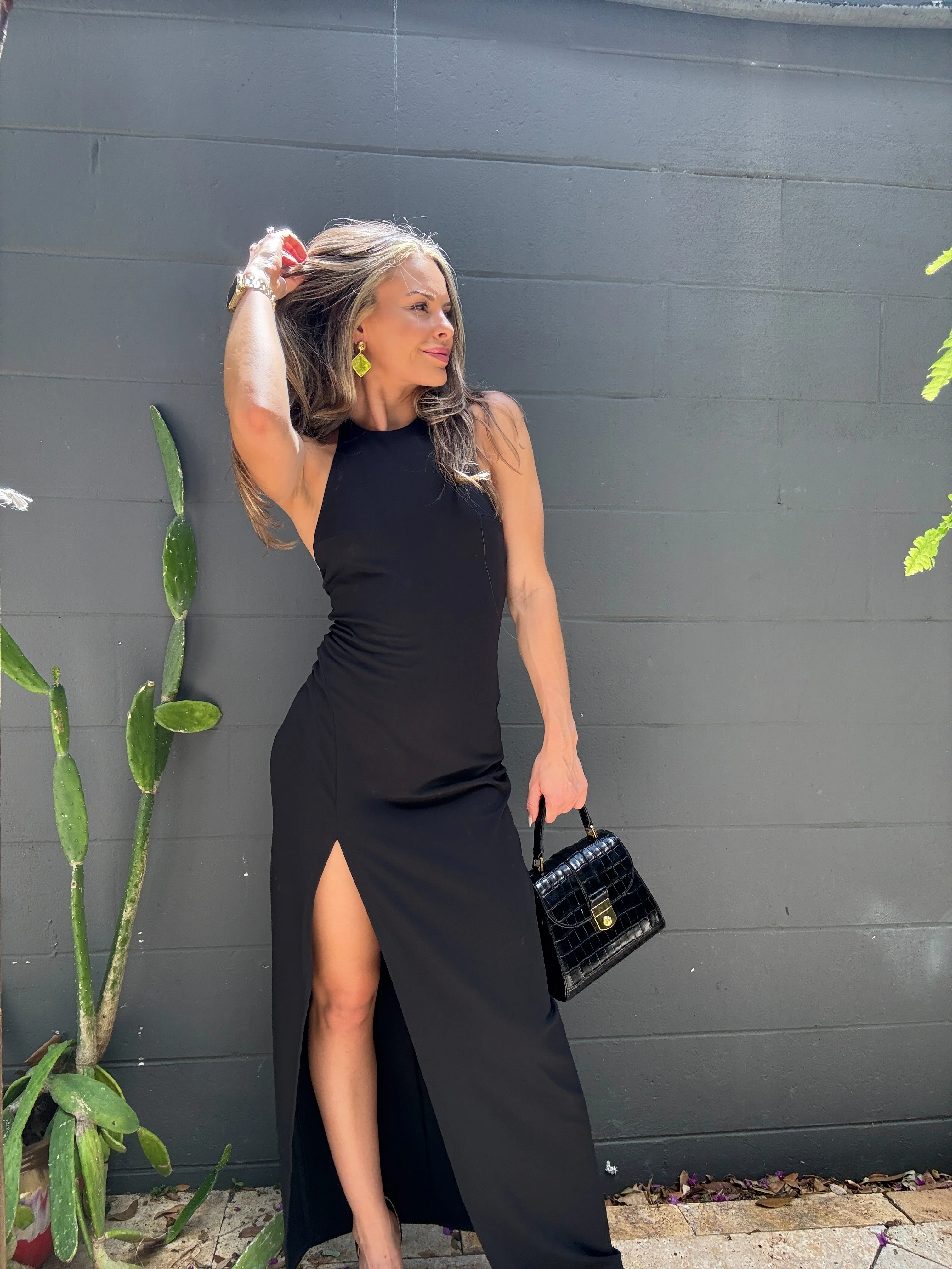 high neck low back halter slit dress 42