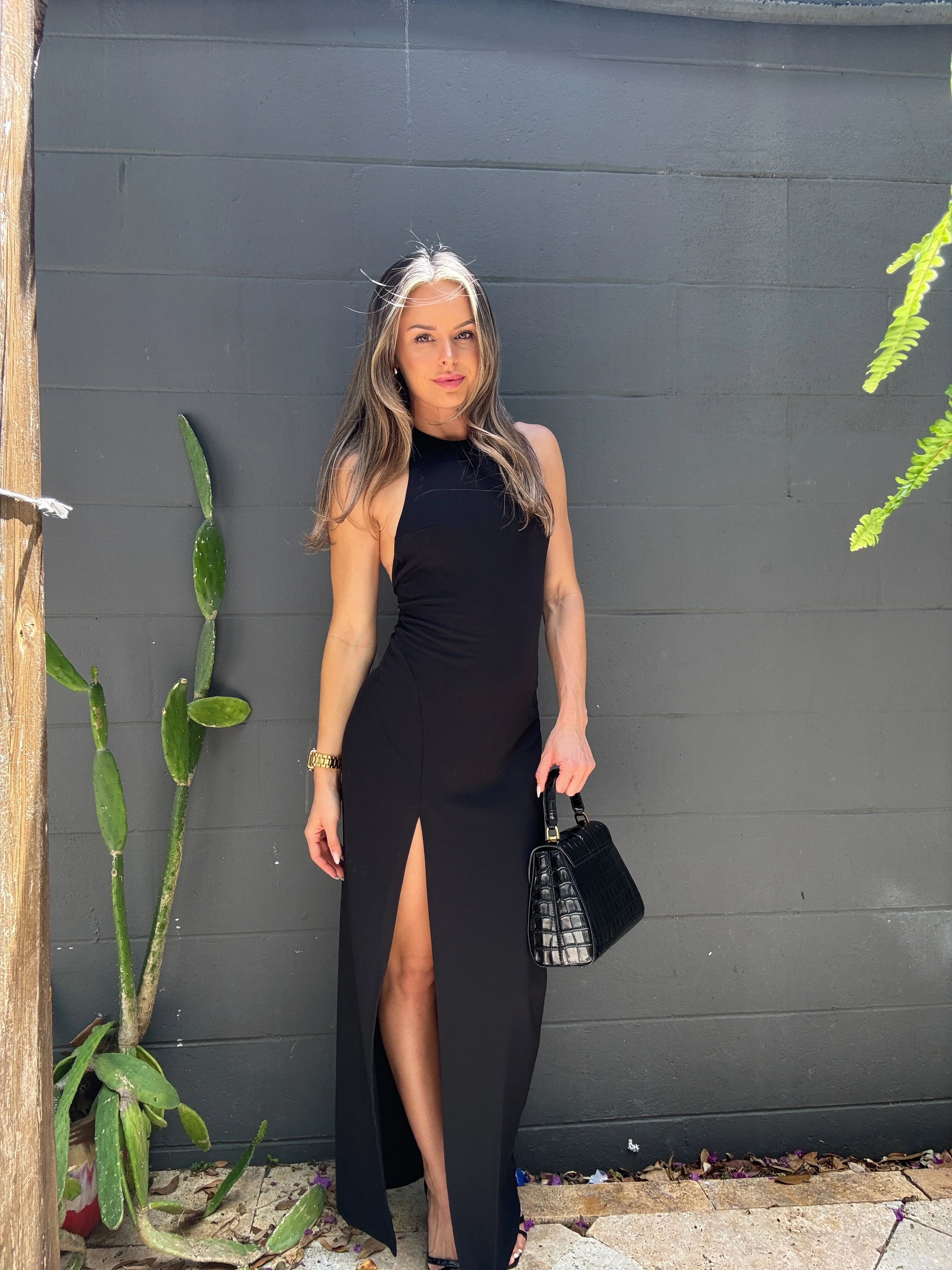 high neck low back halter slit dress 42