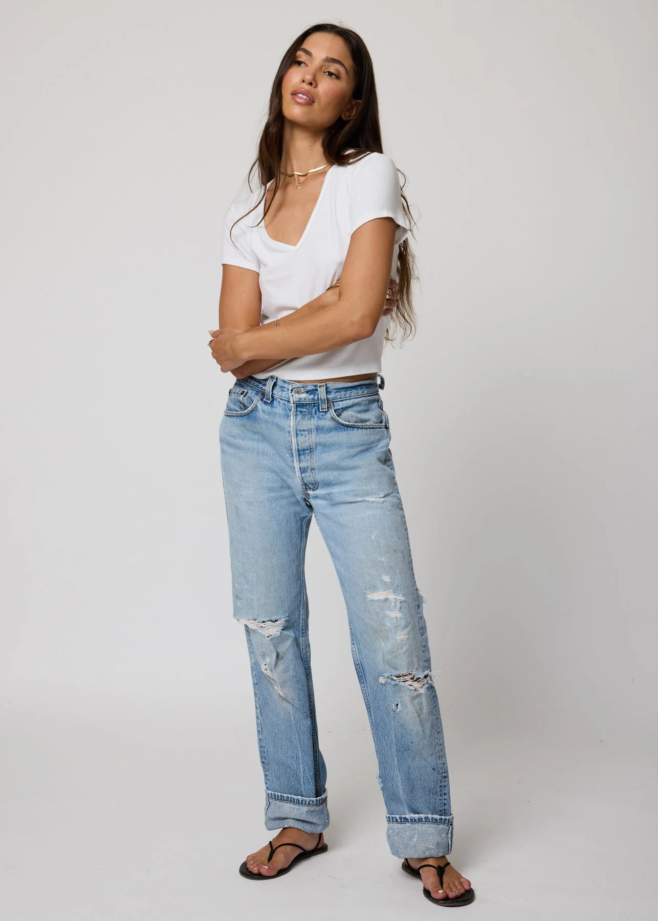 Rib V Neck Crop Baby Tee - White