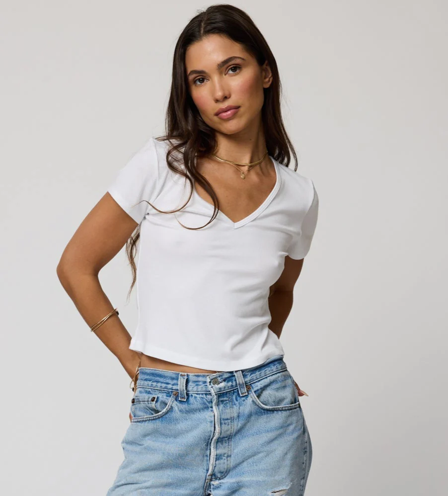 Rib V Neck Crop Baby Tee - White