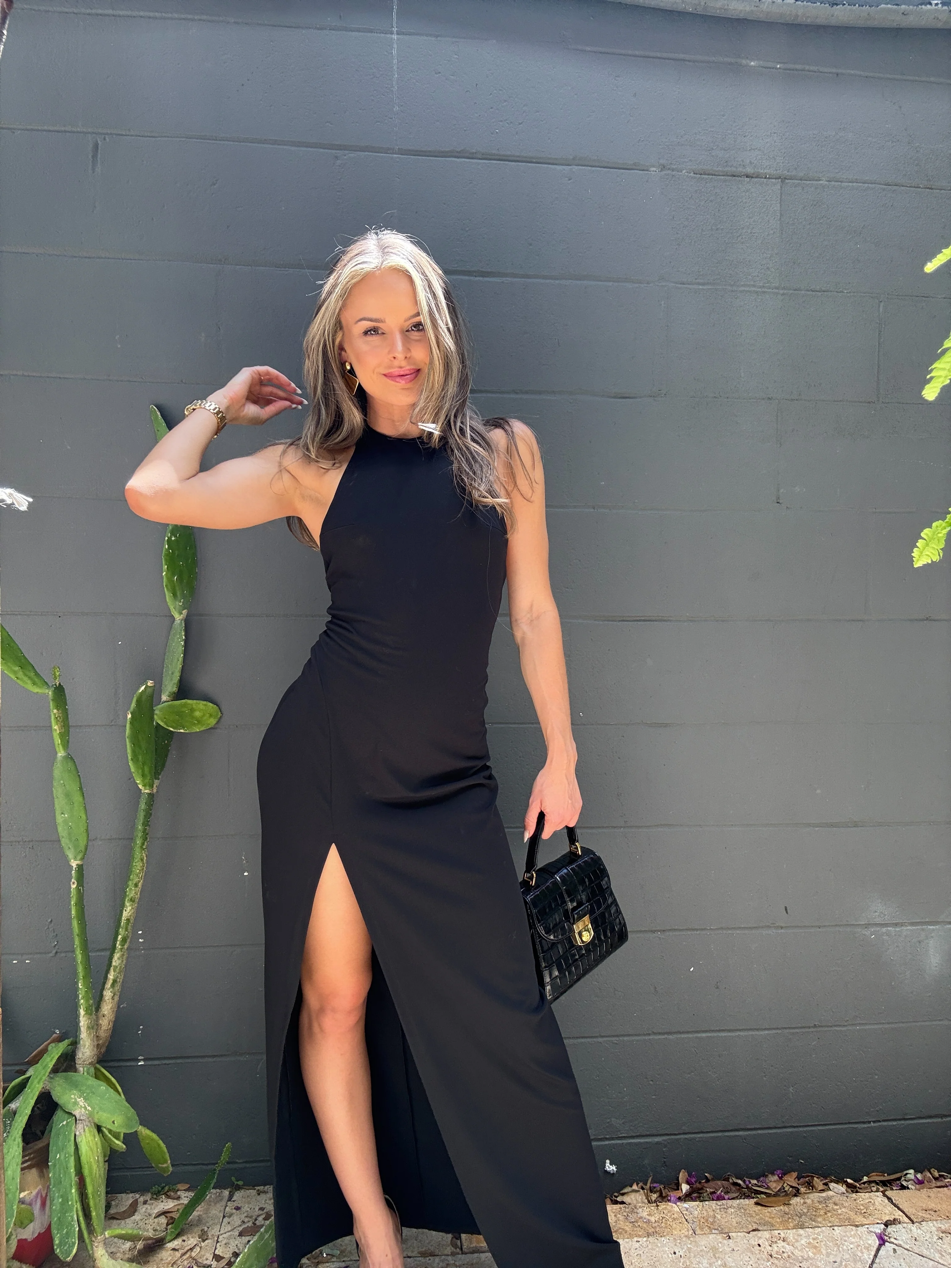 high neck low back halter slit dress 42